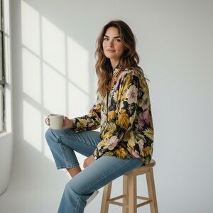 Vintage 100% Silk Blouse Oversized Button Down Artistic Fall Tones 90s Y2K Large